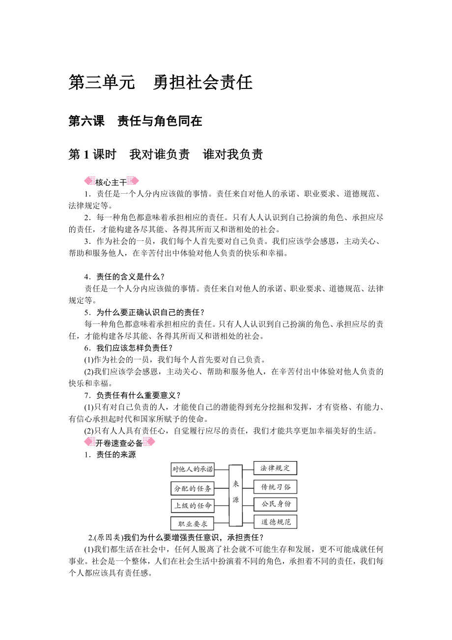 人教部编八年级道德与法治上册抢分速记第6课　责任与角色同在.doc_第1页