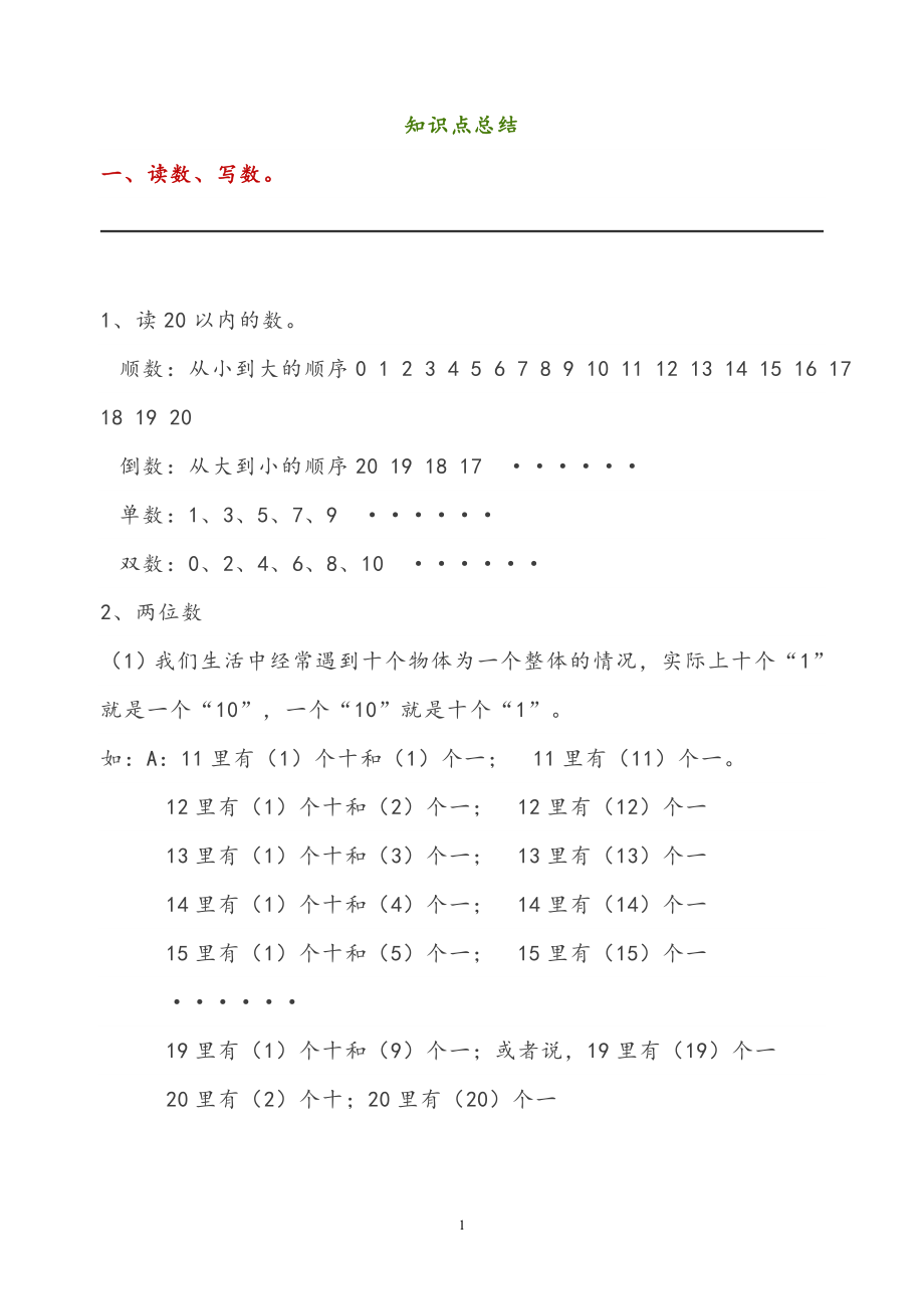 西师大版一年级数学上册知识点总结.docx_第1页