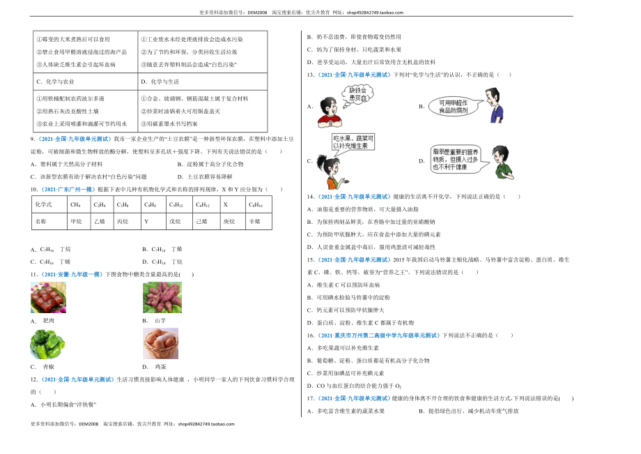 第十二单元 化学与生活（选拔卷）（人教版）（考试版）.doc_第2页