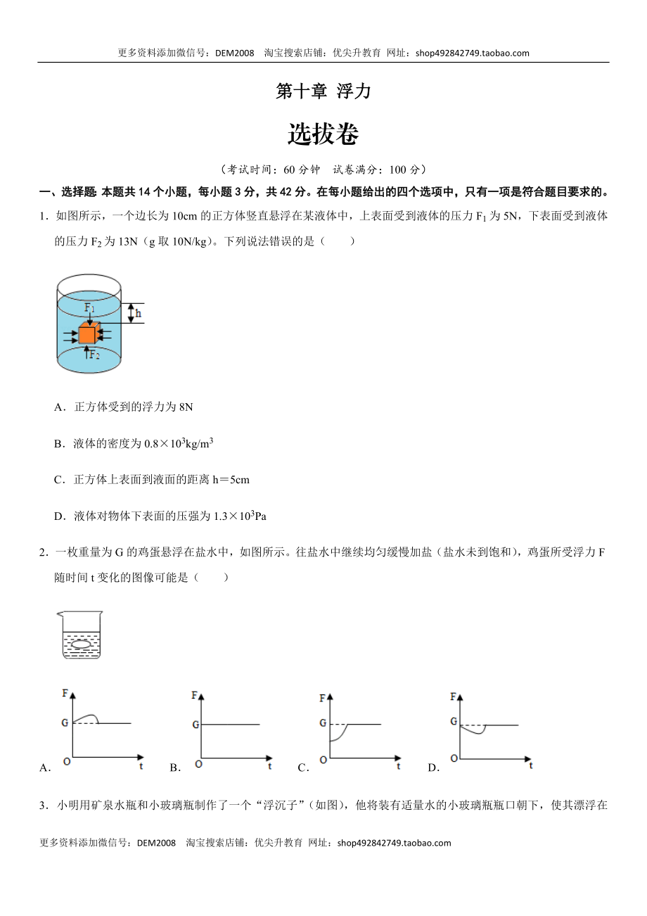 第十章 浮力（选拔卷）-【单元测试】（人教版）（原卷版）.docx_第1页