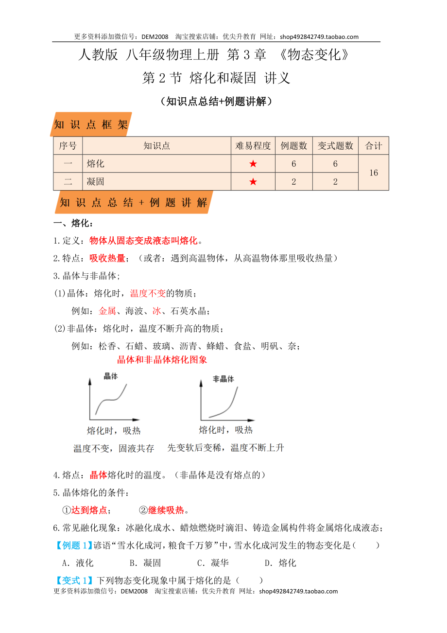 3.2熔化和凝固（知识点+例题）（原卷版）.docx_第1页