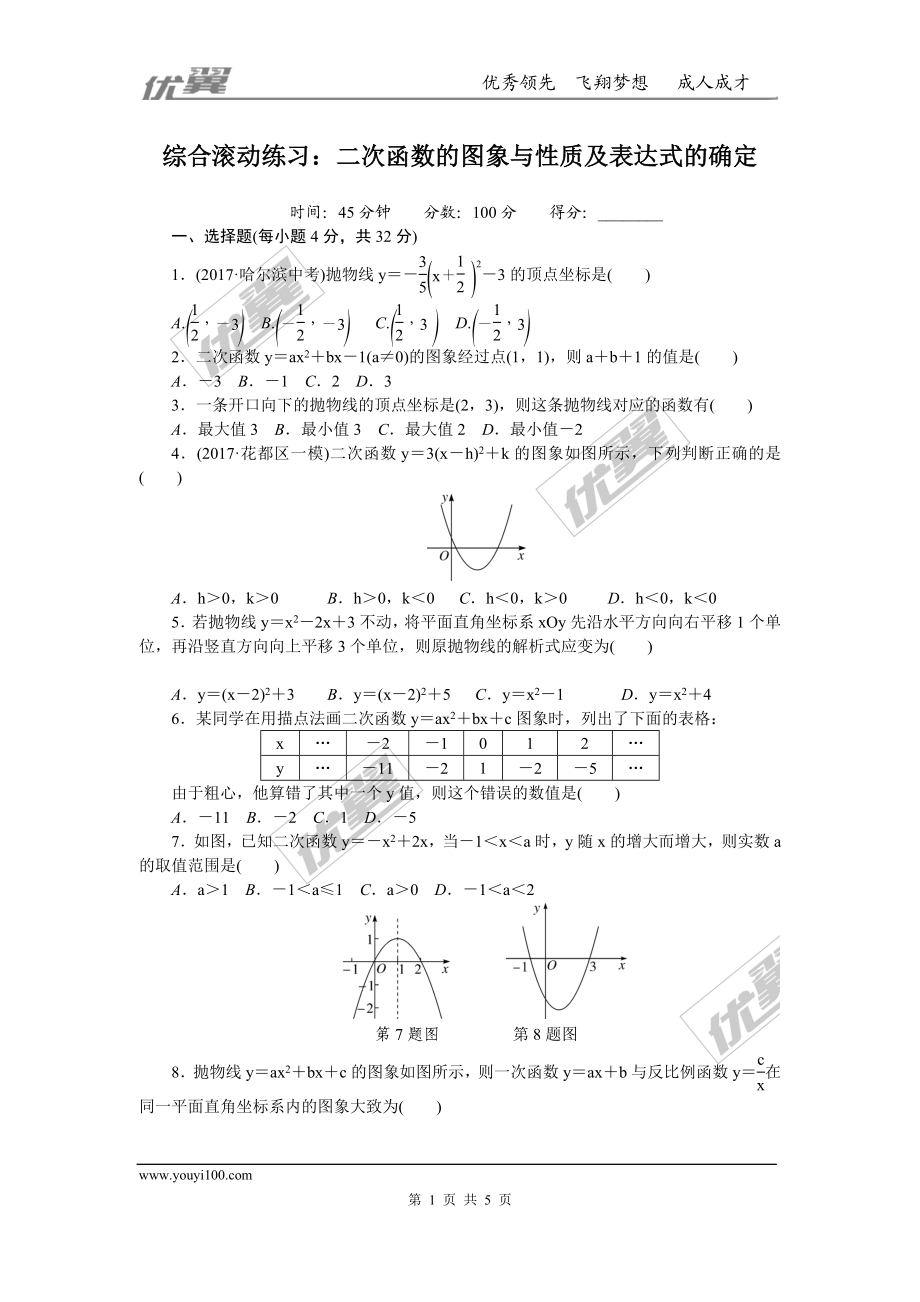 综合滚动练习：二次函数的图象与性质及表达式的确定.doc_第1页