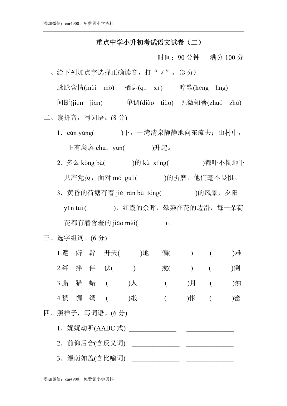 重点中学小升初考试语文试卷（二） (2).doc_第1页