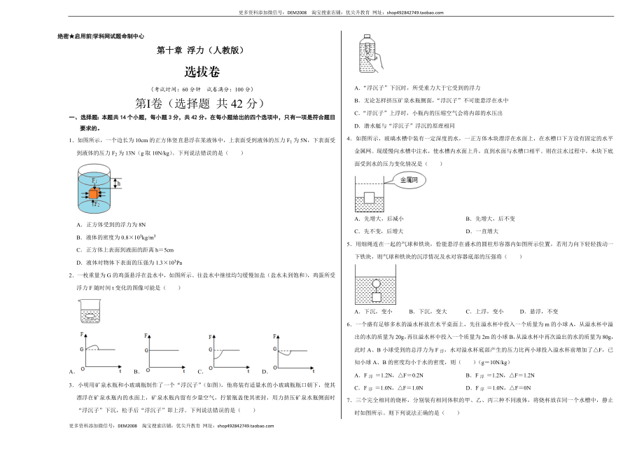 第十章 浮力（选拔卷）-【单元测试】（人教版）（考试版）.doc_第1页