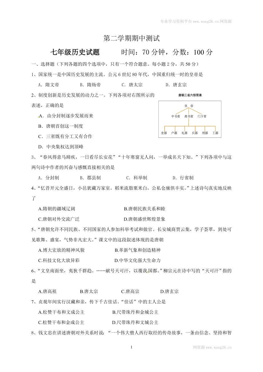 山东省临清市七年级下学期期中考试历史试题(1).doc_第1页