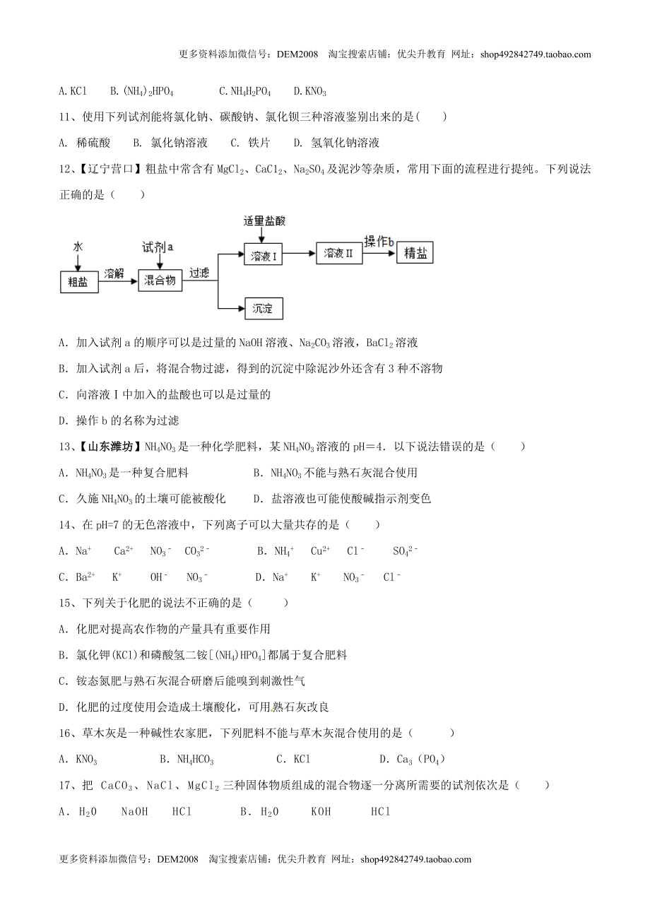 第十一单元 盐 化肥单元测试卷（B卷提升篇）（原卷版）.doc_第2页