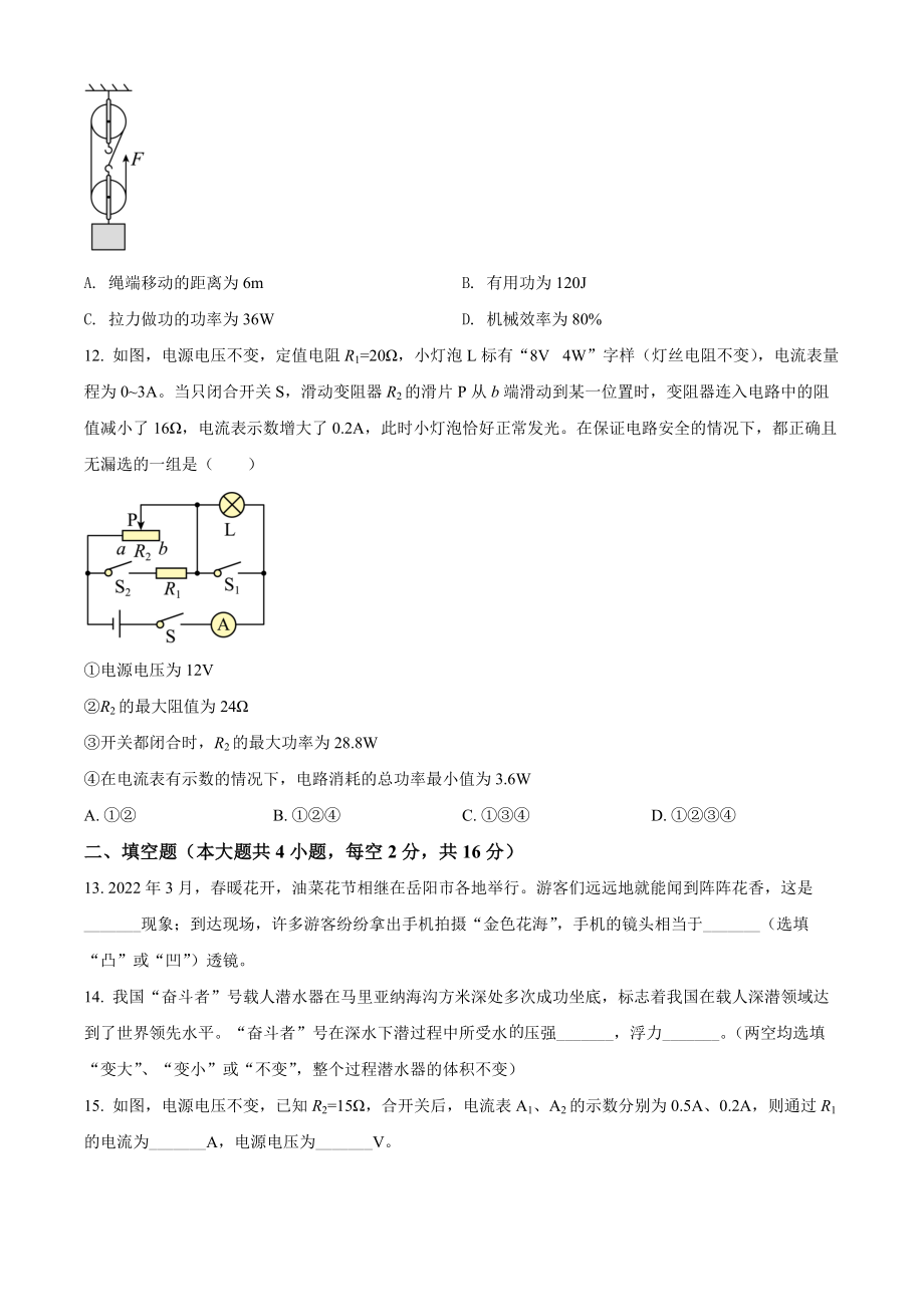 精品解析：2022年湖南省岳阳市中考物理试题（原卷版）.docx_第3页