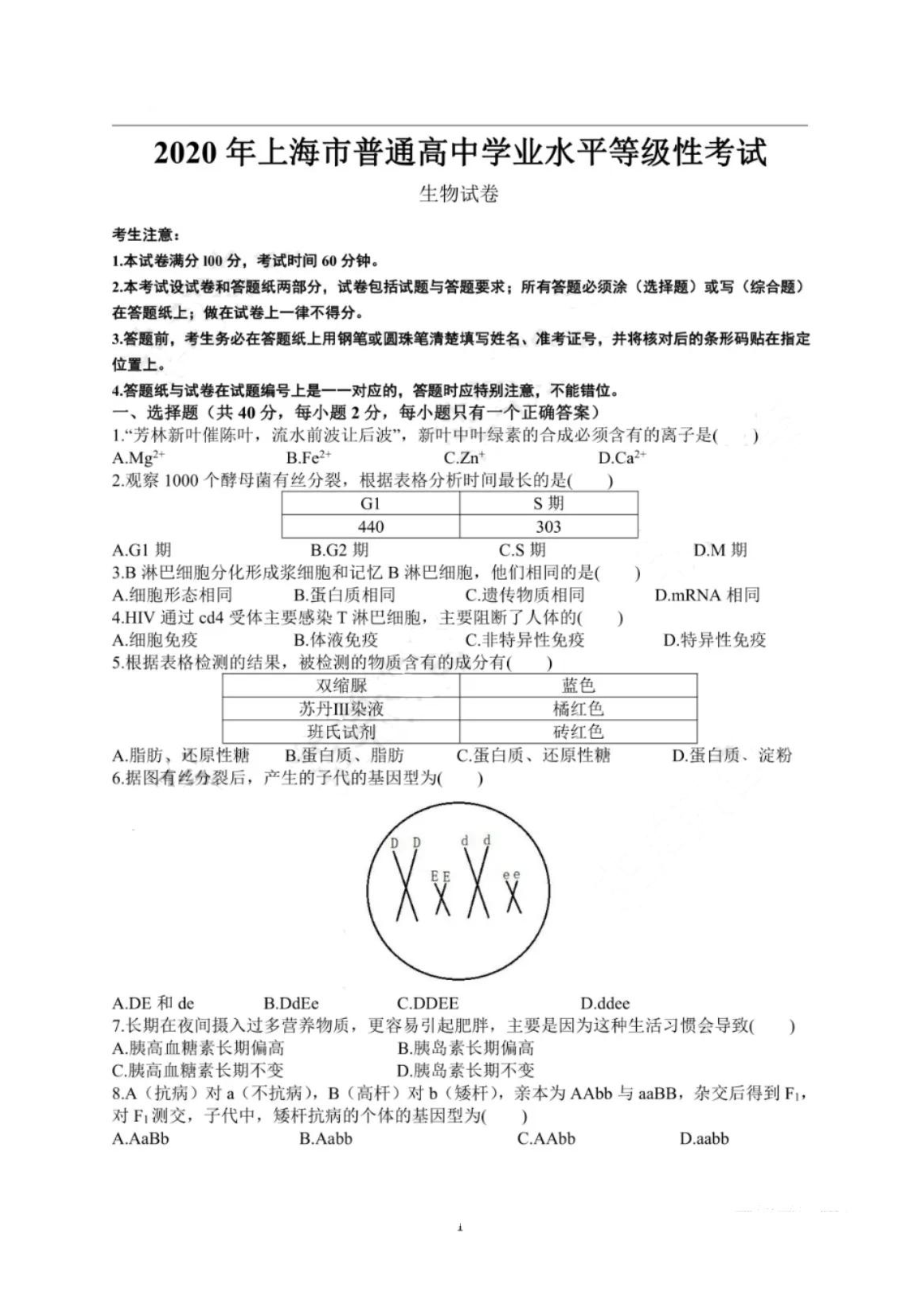 2020年上海市普通高中学业水平等级性考试生物试卷及答案.pdf_第1页