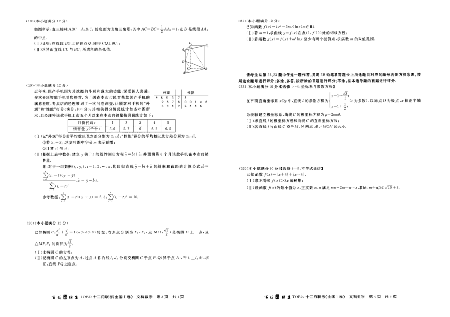 2019届百校联盟高三TOP20十二月联考（全国Ⅰ卷）数学（文）试卷（PDF版）.pdf_第2页