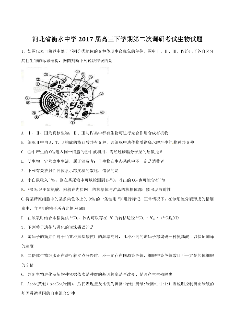 精品解析：【全国百强校】河北省衡水中学2017届高三下学期第二次调研考试生物试题解析（原卷版）.doc_第1页