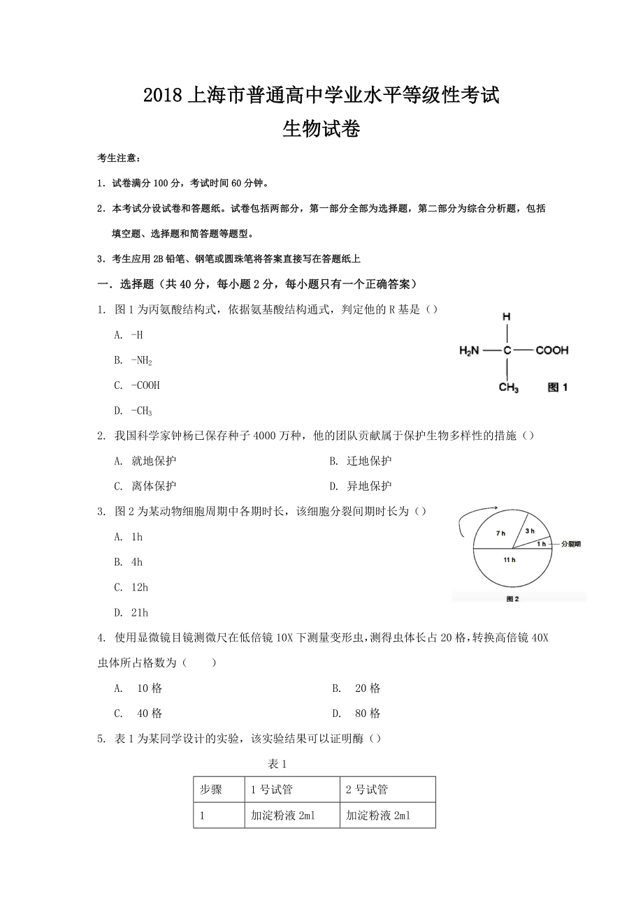 2018年上海市高中毕业统一学业考试生物试卷及答案.doc_第1页