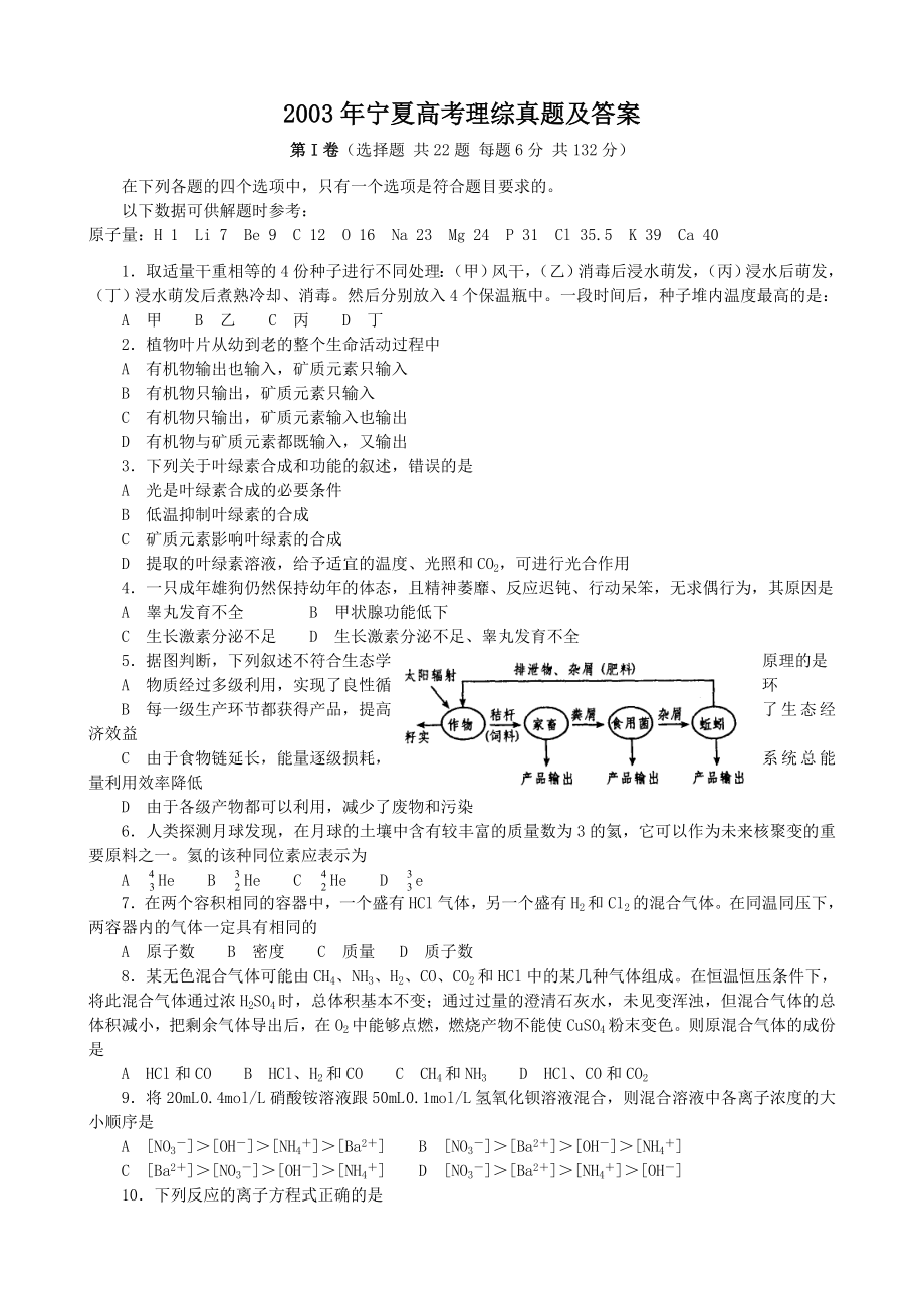 2003年宁夏高考理综真题及答案.doc_第1页