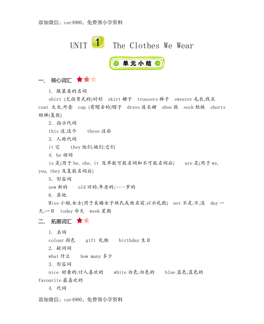 四（上）冀教版英语 Unit 1 知识重点.docx_第1页