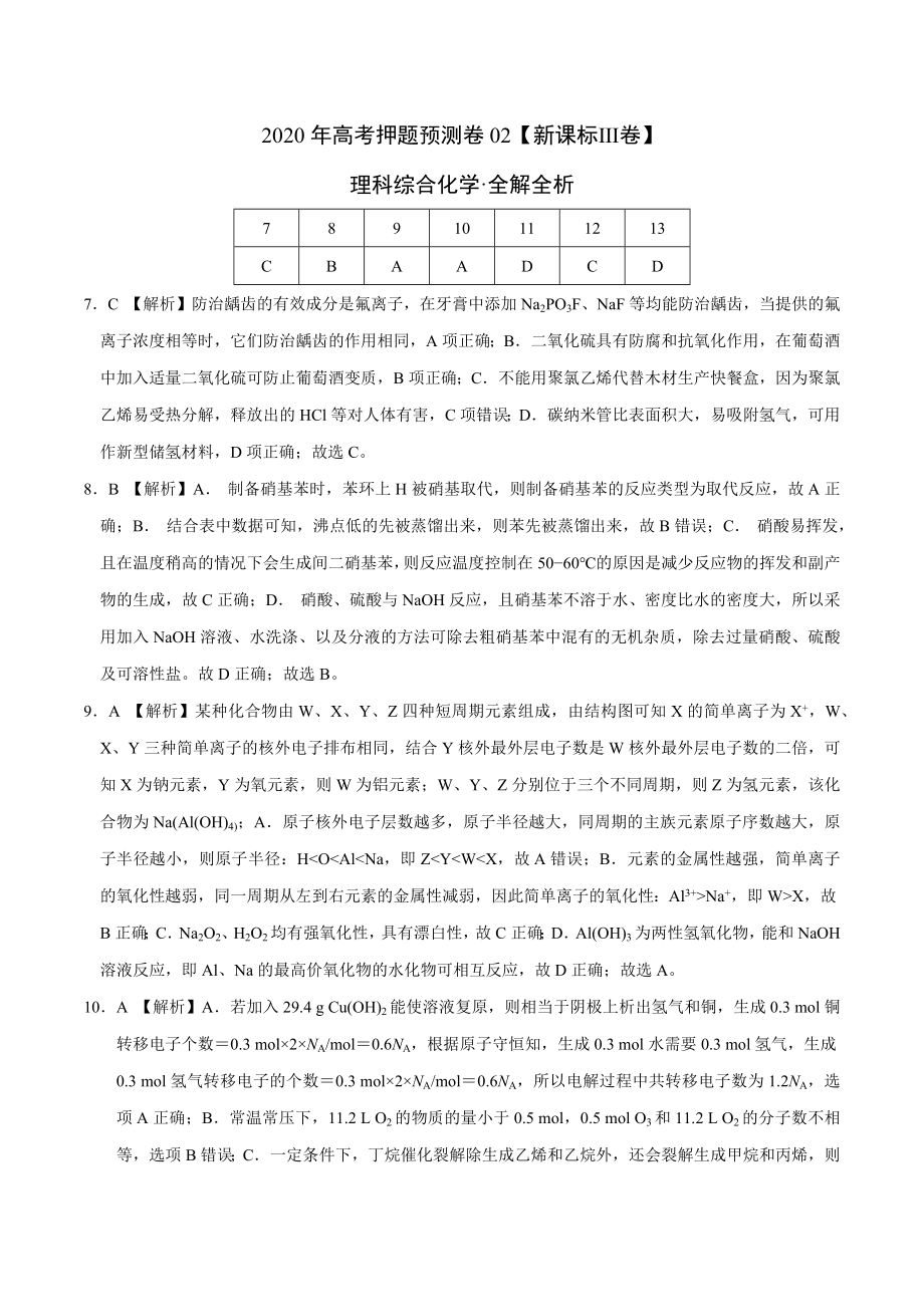 2020年高考化学押题预测卷02（新课标Ⅲ卷）-化学（全解全析）.docx_第1页