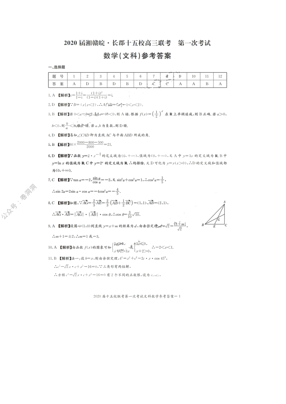 2020届湘赣皖十五校高三下学期第一次联考模拟数学（文）试题（答案）_encrypt.pdf_第1页