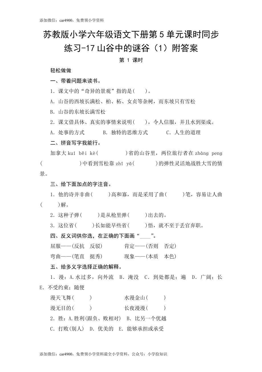 苏教版小学六年级语文下册第5单元课时同步练习-17山谷中的谜谷（1）附答案（网资源）.doc_第1页