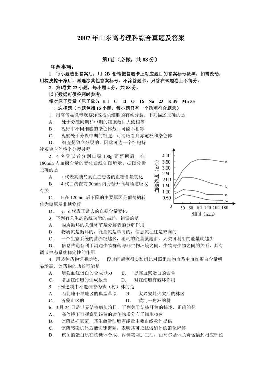 2007年山东高考理科综合真题及答案.doc_第1页