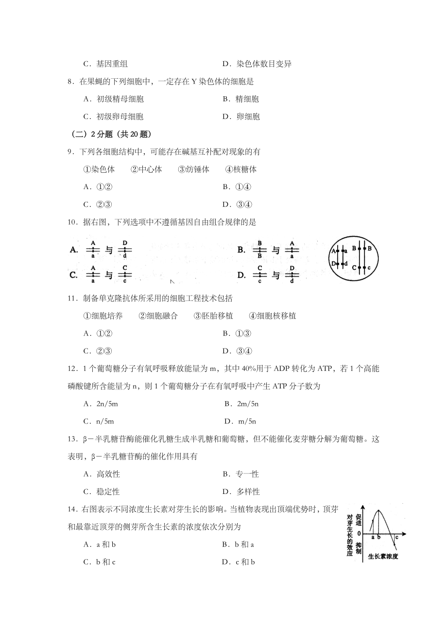 2008年上海市高中毕业统一学业考试生物试卷及答案.doc_第2页