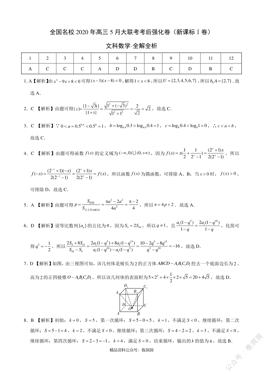 文科数学-全国名校2020年高三5月大联考考后强化卷（新课标Ⅰ卷）（全解全析）_encrypt.pdf_第1页