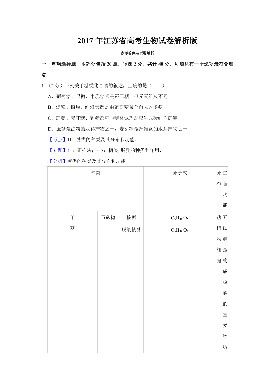 2017年高考生物真题（江苏自主命题）（解析版）.doc_第1页