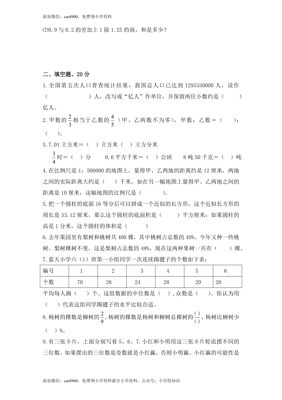 苏教版小学六年级毕业会考模拟数学试题（4）附答案（网资源）.doc_第2页