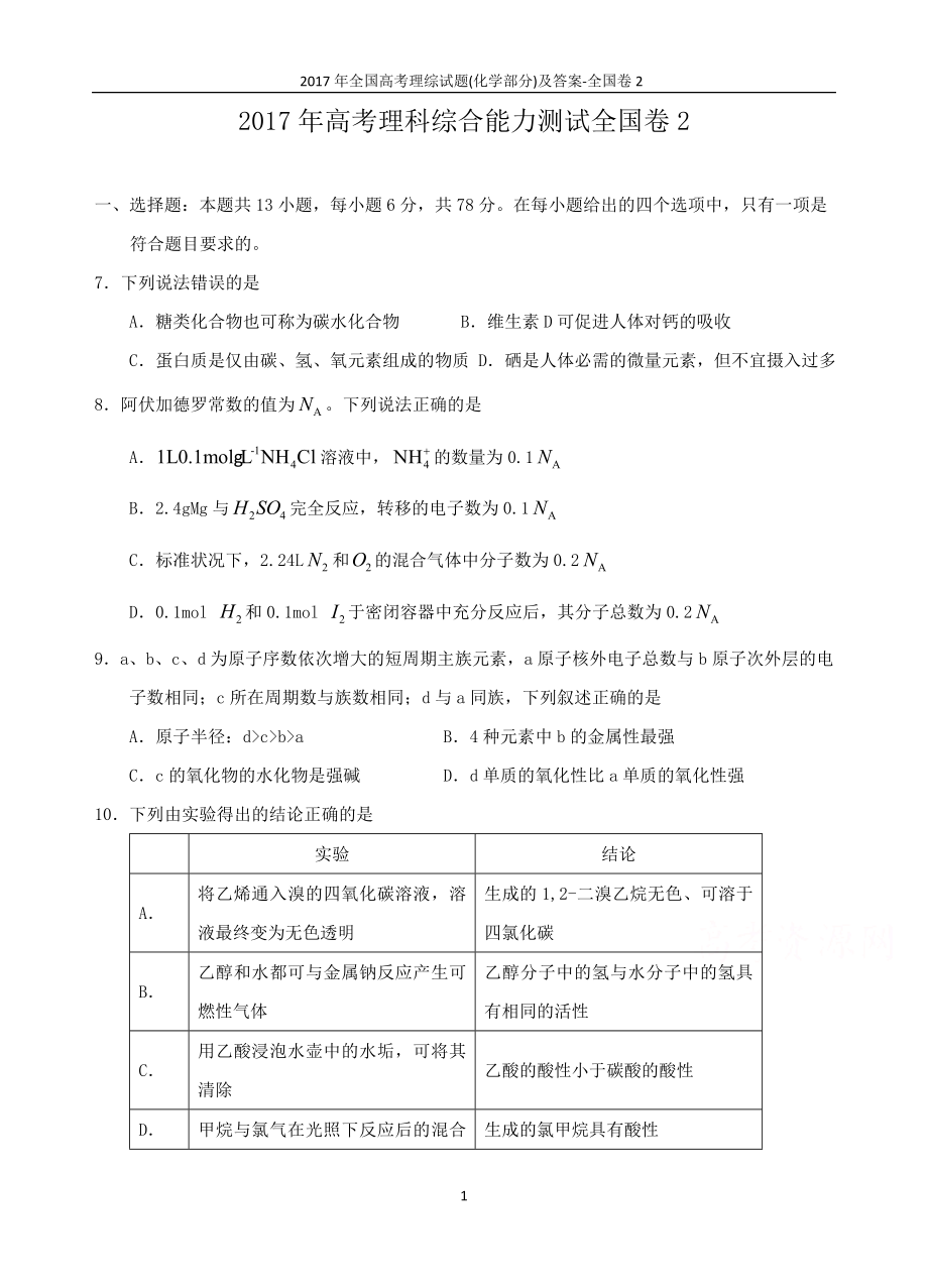 2017年高考重庆市化学卷真题及答案.doc_第1页