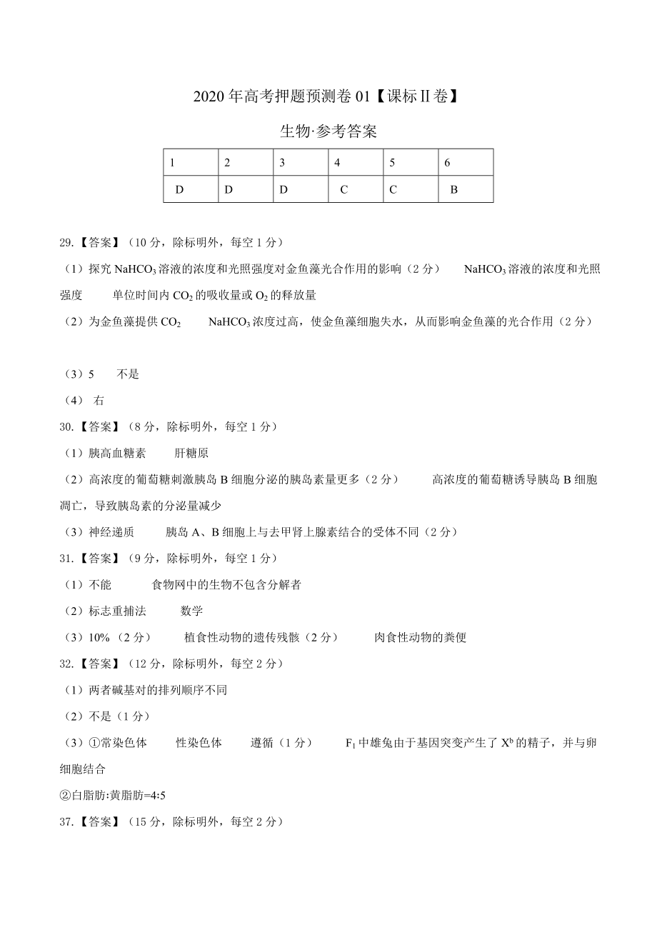 2020年高考押题预测卷01（课标Ⅱ卷）-生物（参考答案）.doc_第1页