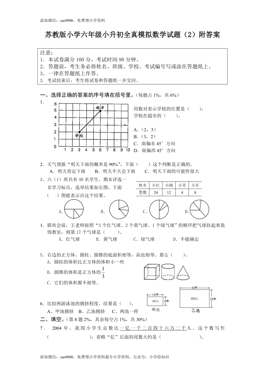 苏教版小学六年级小升初全真模拟数学试题（2）附答案（网资源）.doc_第1页