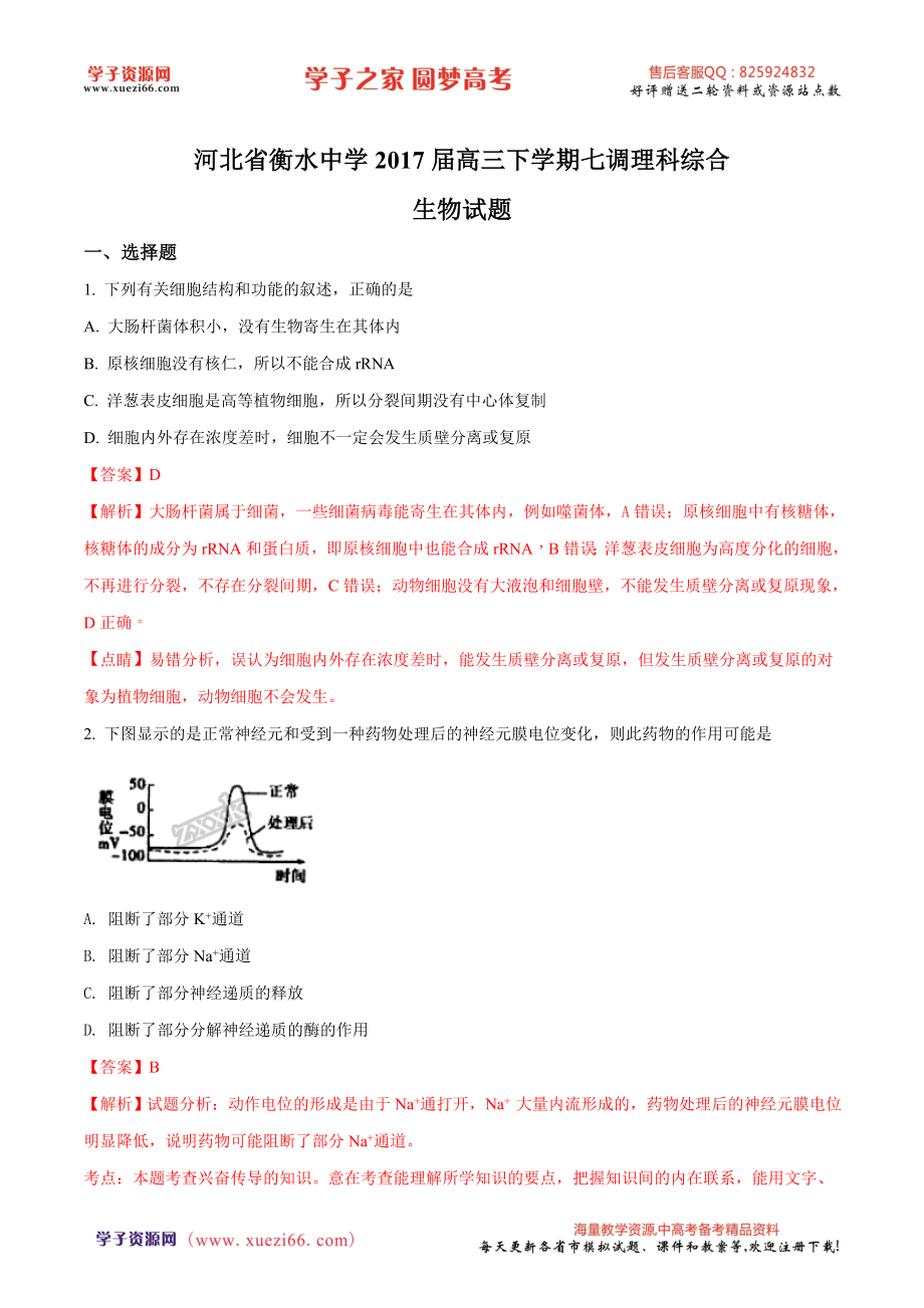 精品解析：河北省衡水中学2017届高三下学期七调理科综合生物试题（解析版）.doc_第1页