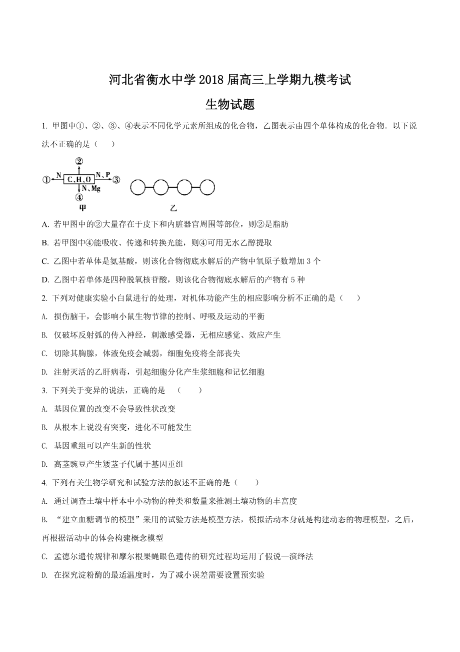 精品解析：河北省衡水中学2018届高三上学期第九次模拟考试生物试题（原卷版）.doc_第1页