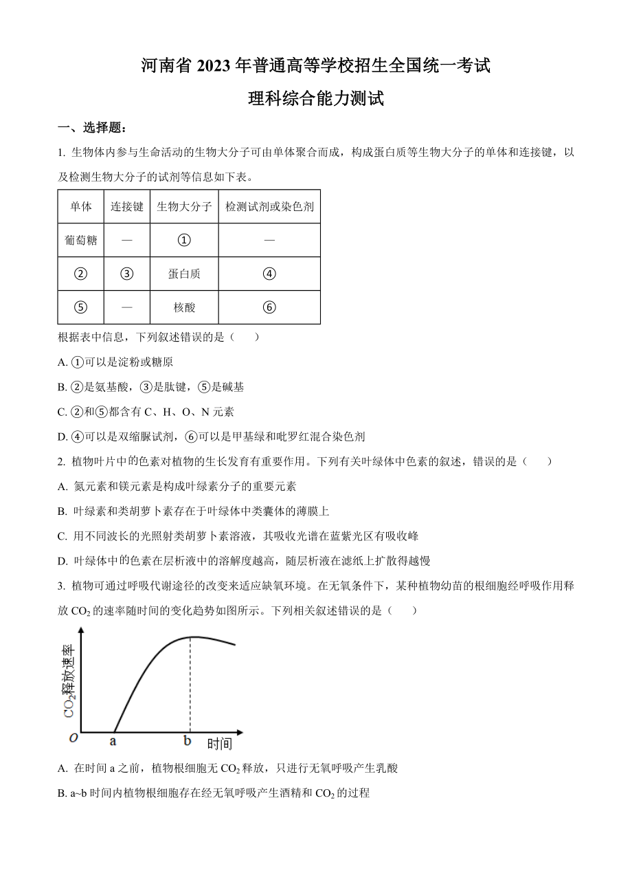 2023年高考生物真题（全国乙卷）（原卷版）.docx_第1页