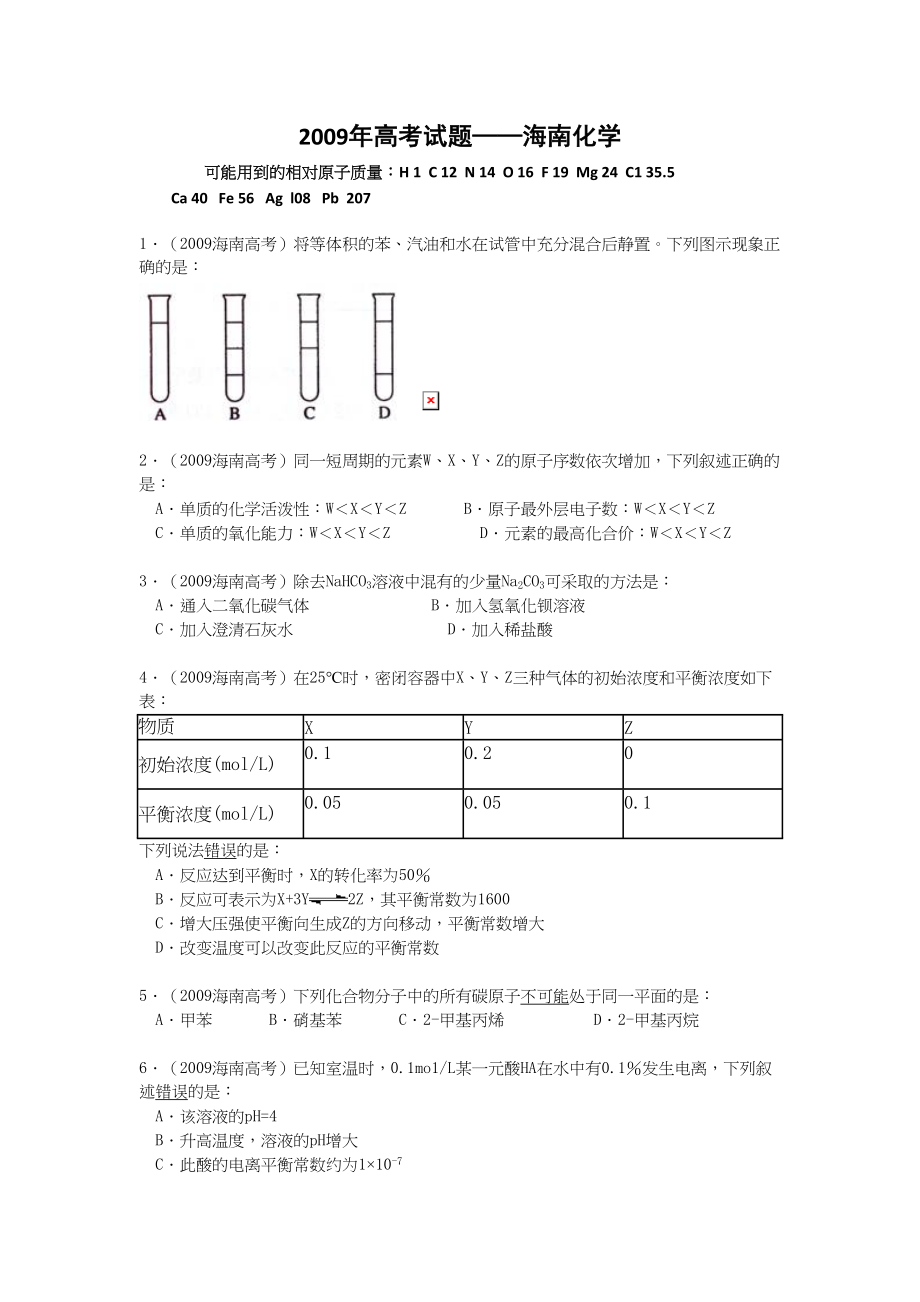 2009年高考化学真题（海南自主命题）（原卷版）.doc_第1页