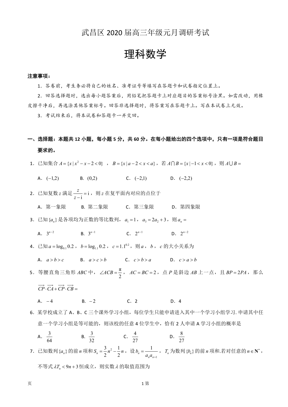 2020届湖北省武汉市武昌区高三元月调研考试数学（理）试题.doc_第1页