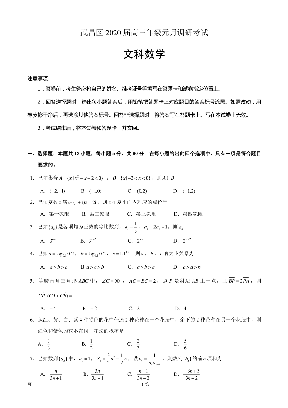 2020届湖北省武汉市武昌区高三元月调研考试数学（文）试题（PDF版）.pdf_第1页