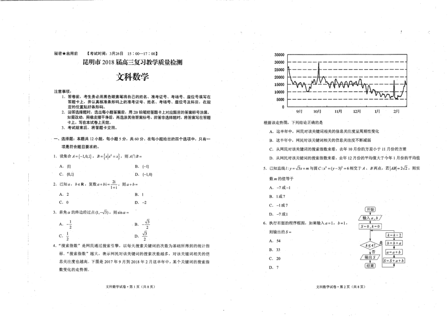 2019年昆明市高三复习教学质量检测 文.pdf_第1页