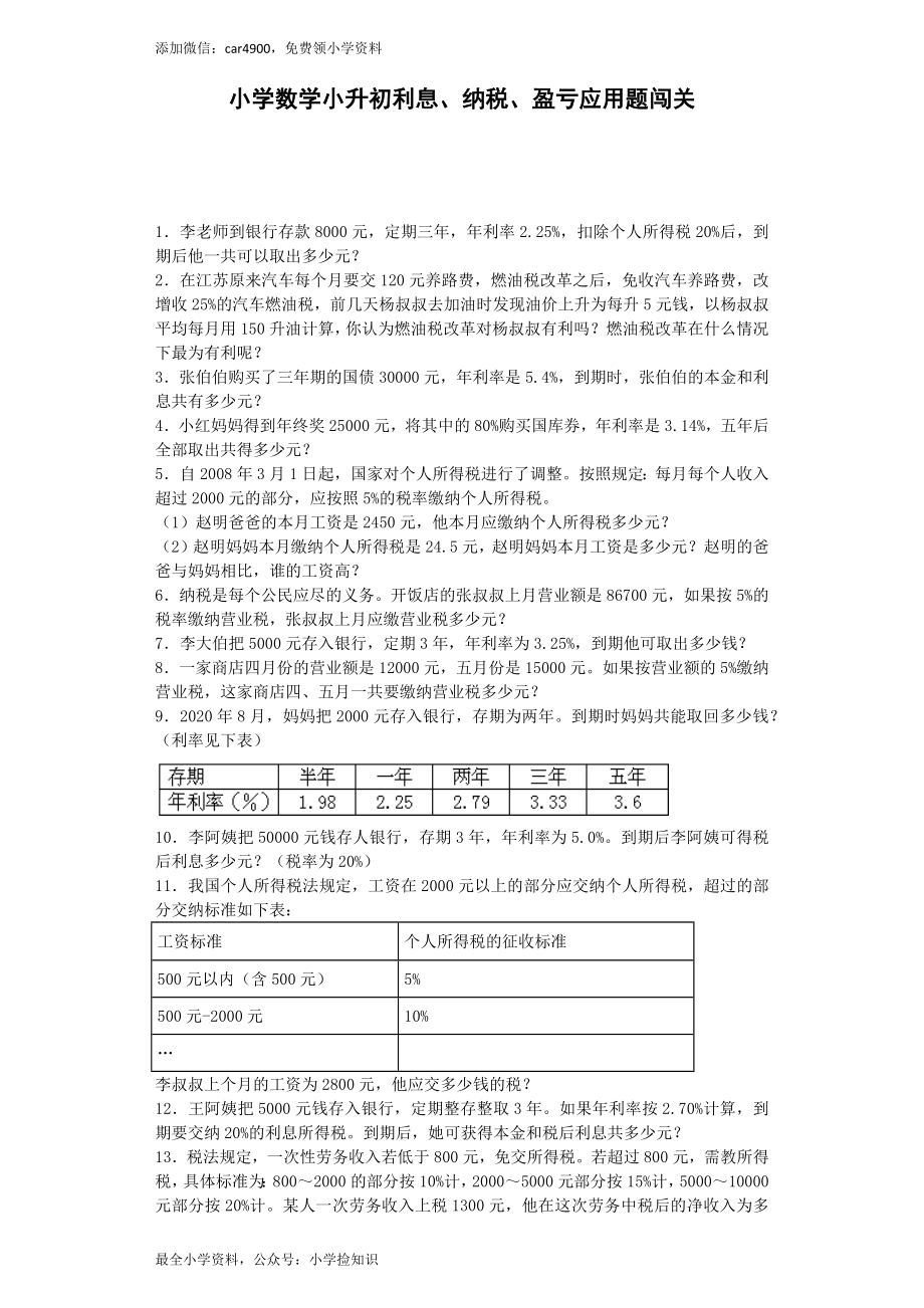 小升初数学一课一练-利息、纳税、盈亏应用题闯关-通用版（网资源）.docx_第1页