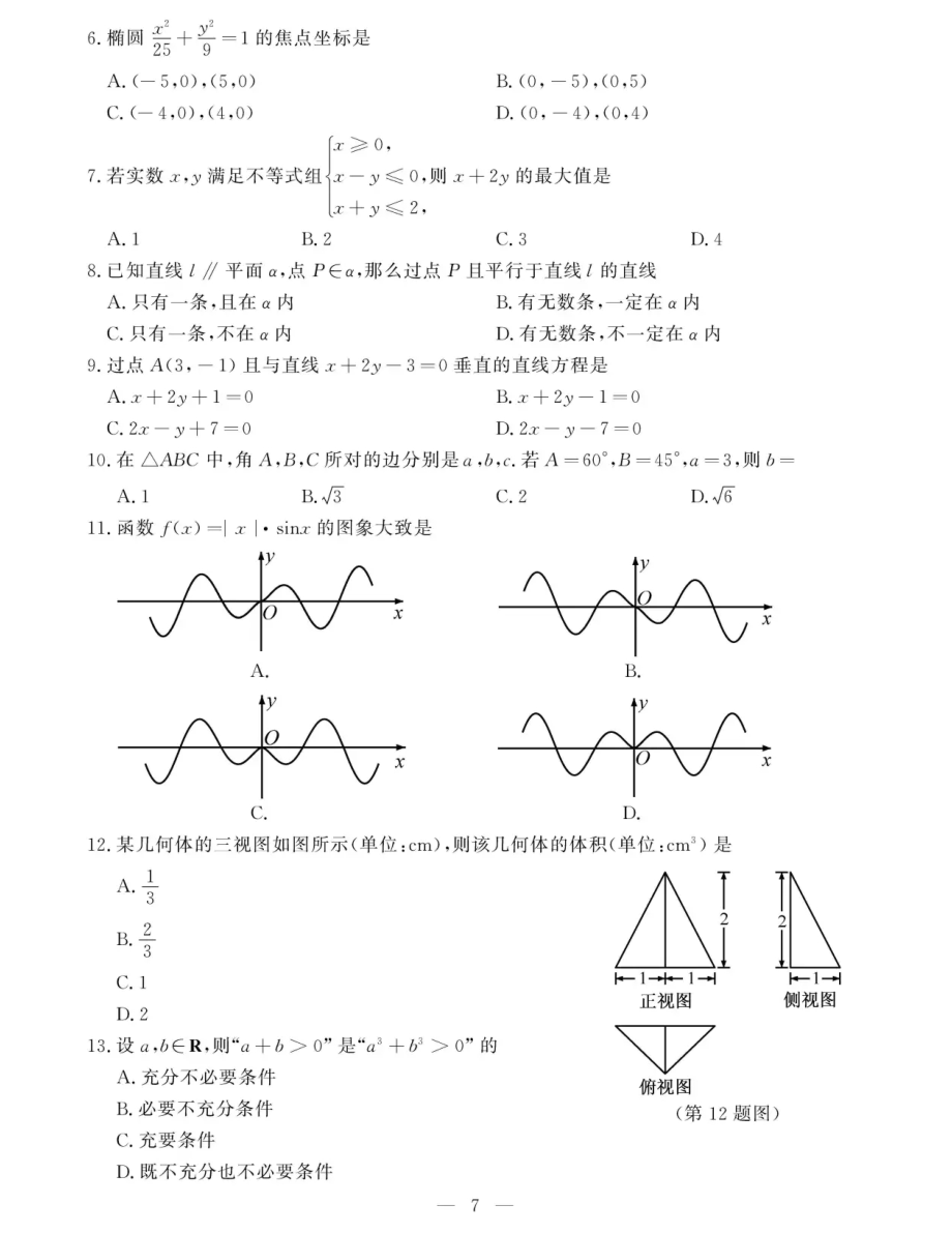 2020年浙江省1月普通高校招生学业水平考试数学试题 PDF版.pdf_第2页