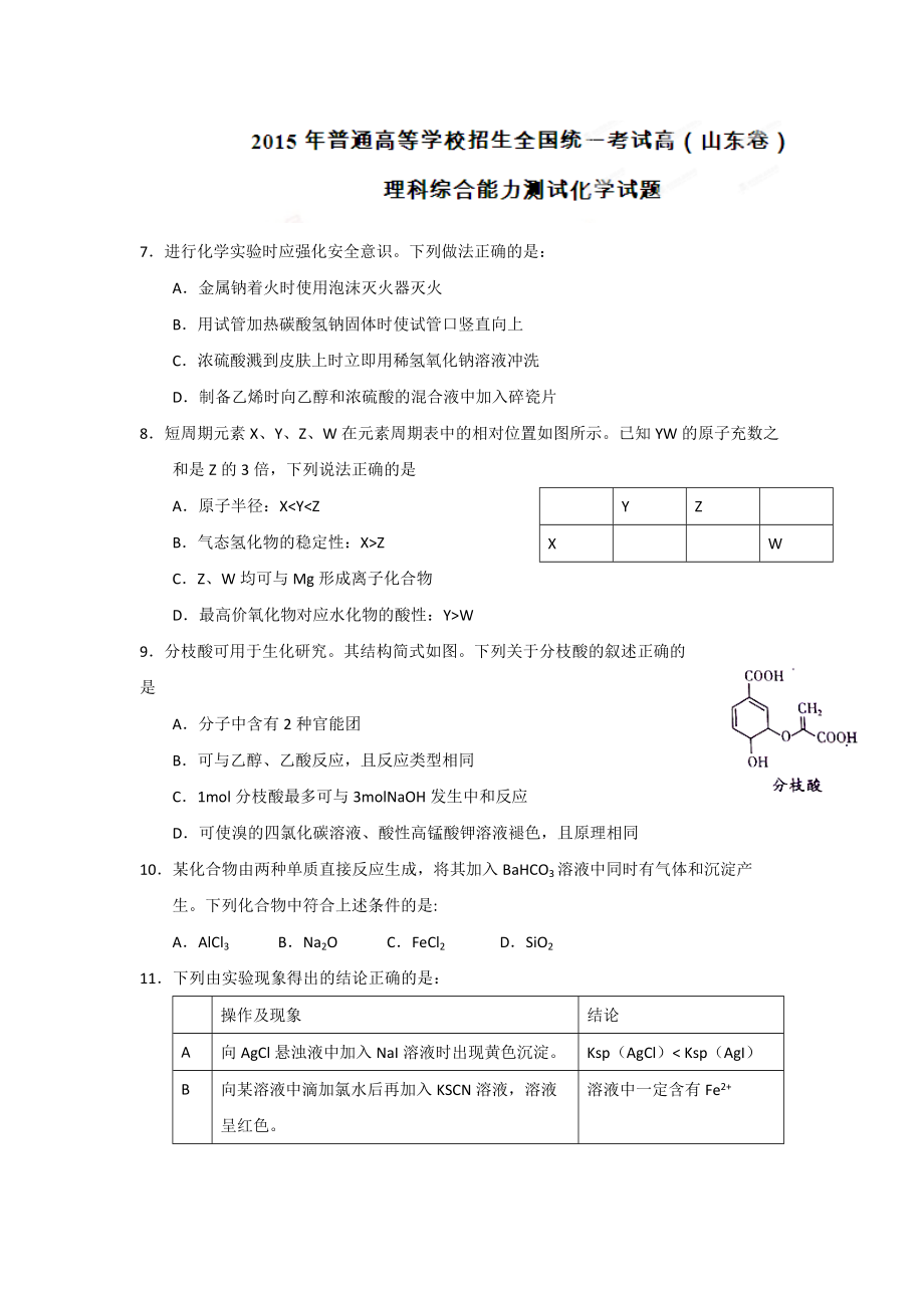 2015年高考化学真题（山东自主命题）（原卷版）.docx_第1页