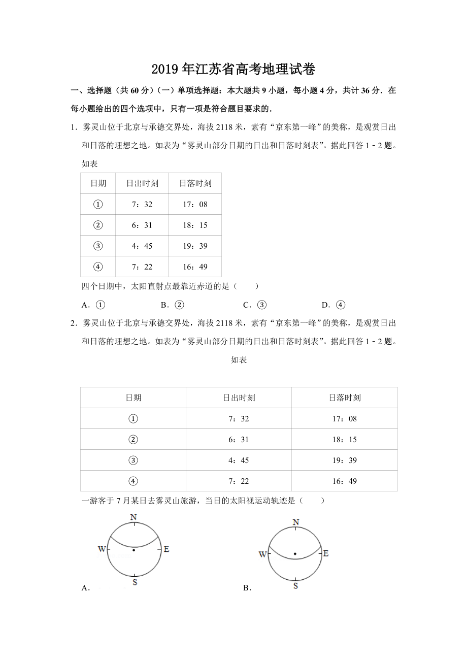 2019年高考地理真题（江苏自主命题）（原卷版）.doc_第1页