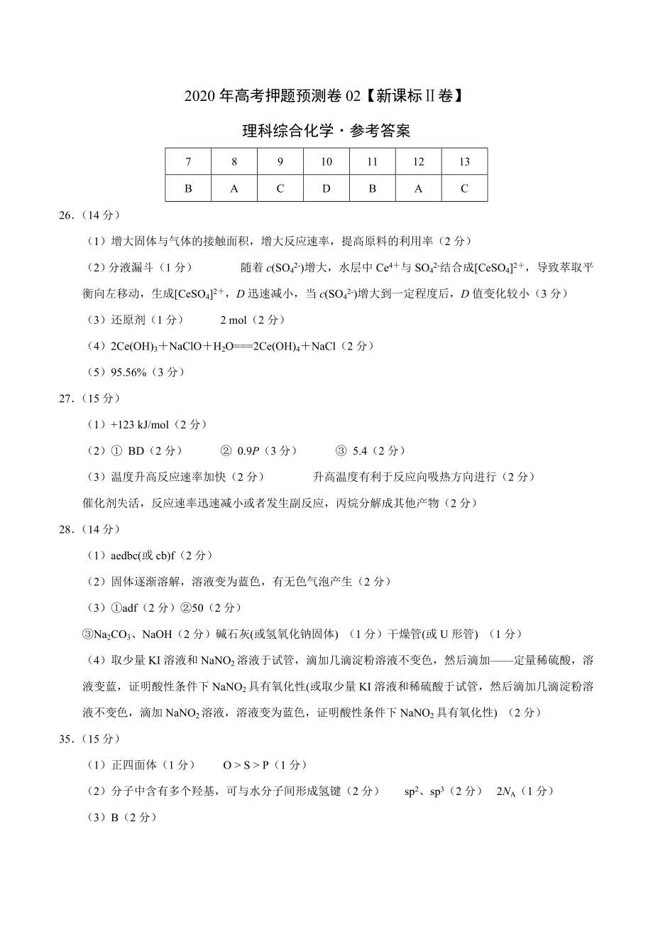 2020年高考化学押题预测卷02（新课标Ⅱ卷）-化学（参考答案）.doc_第1页