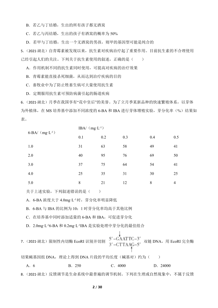 2021年高考生物真题试卷（湖北卷）(学生版)(1).docx_第2页