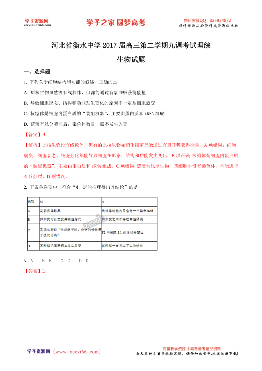 精品解析：【全国百强校】河北省衡水中学2017届高三第二学期九调考试理综生物试题（解析版）.doc_第1页