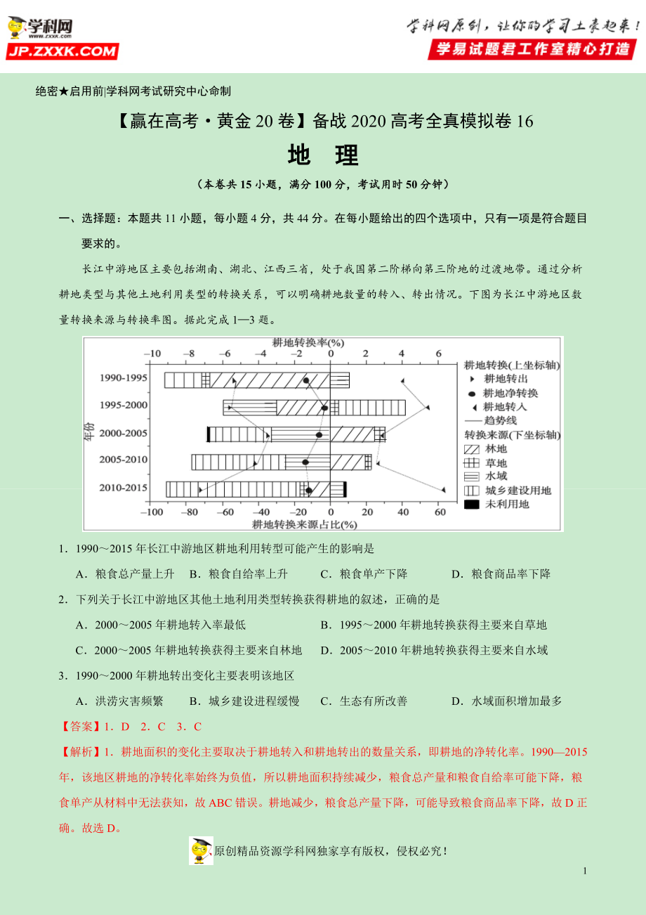 黄金卷16-【赢在高考·黄金20卷】备战2020高考地理全真模拟卷（解析版）.docx_第1页