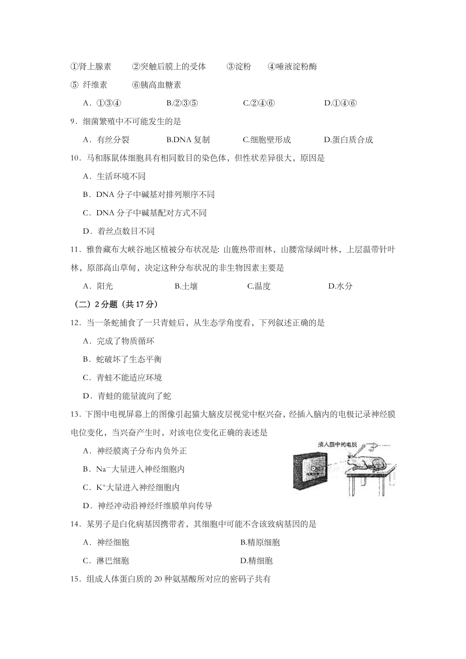 2004年上海市高中毕业统一学业考试生物试卷及答案.doc_第2页