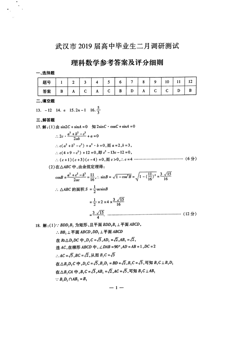 2019届武汉二月调研理科数学答案.pdf_第1页