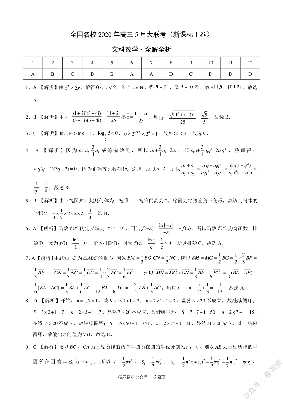 文科数学-全国名校2020年高三5月大联考（新课标Ⅰ卷）（全解全析）_encrypt.pdf_第1页