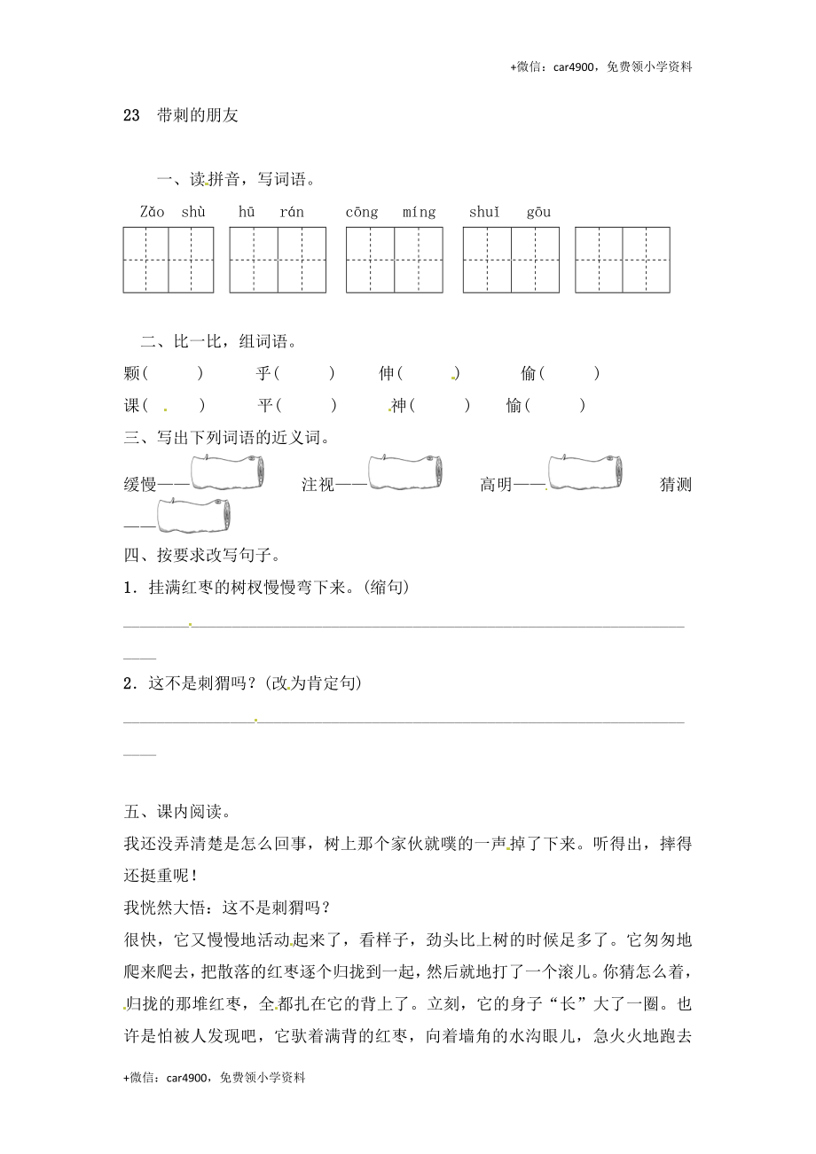 三年级上册语文试题-23 带刺的朋友（含答案）｜人教（部编版）.doc_第3页