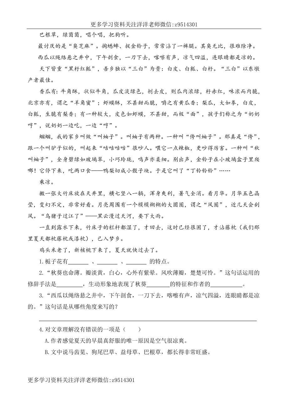 六（上）语文阅读专项练习：2丁香结（1）.doc_第3页