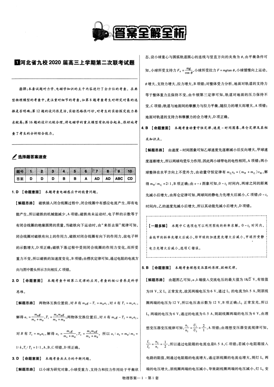 高中物理——金考卷特快专递第5期——2020高考11-12月新卷优选大市联考卷——物理（参考答案）.pdf_第1页