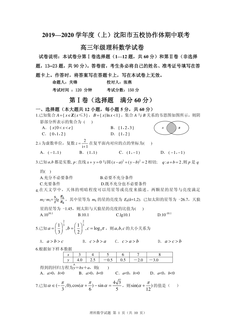 2020届辽宁省沈阳市高三上学期五校协作体期中联考试题 数学理 PDF版.pdf_第1页